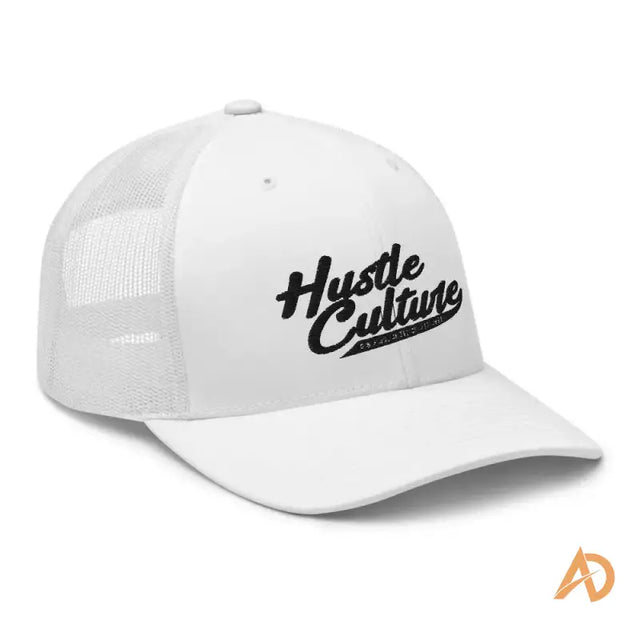 White hustle culture trucker cap featuring stylish logo for trendsetters