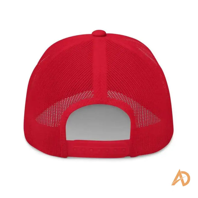 Red mesh back trucker cap with white vise, ideal for hustle culture enthusiasts