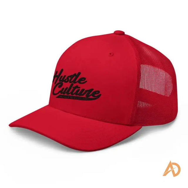 Red trucker cap featuring the word Hoe in black, ideal for hustle culture enthusiasts