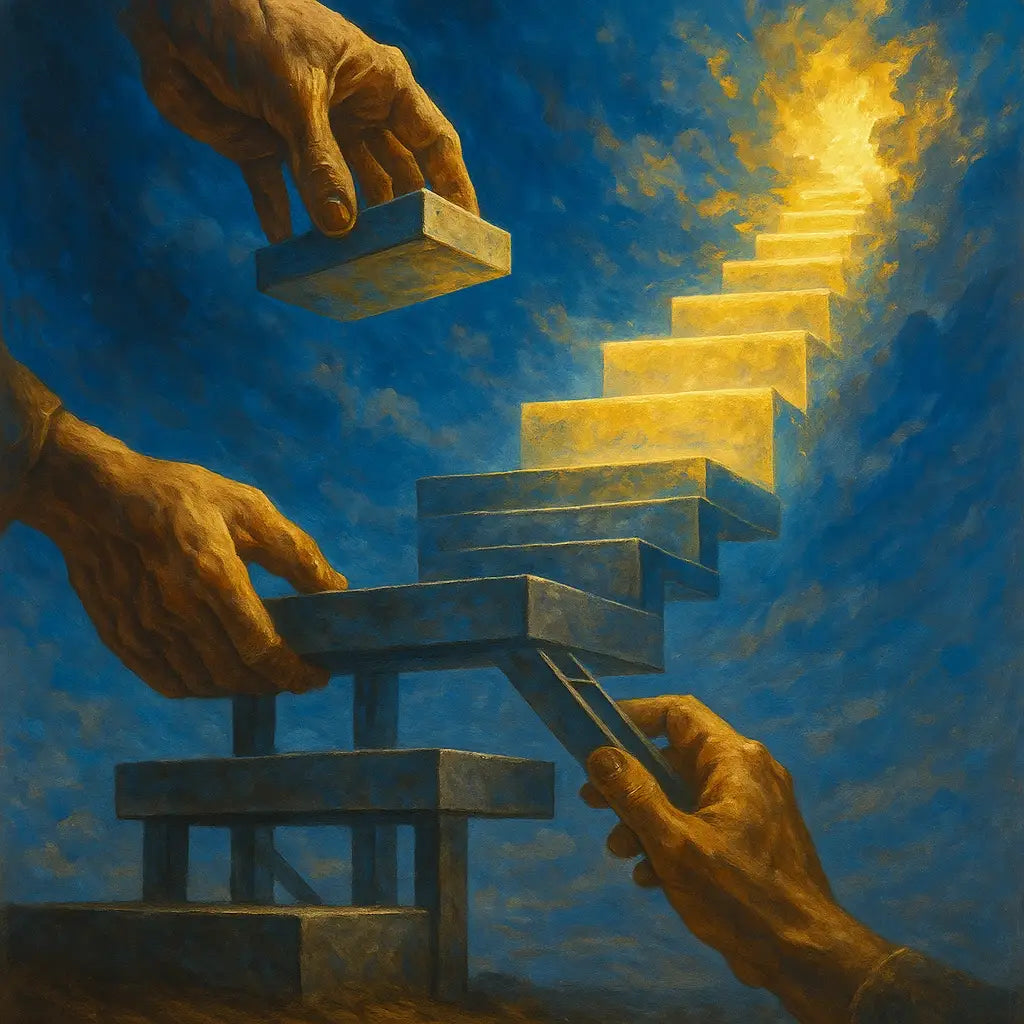 Heaven-minded hustle: construction of stone staircase leading to glowing spiritual light