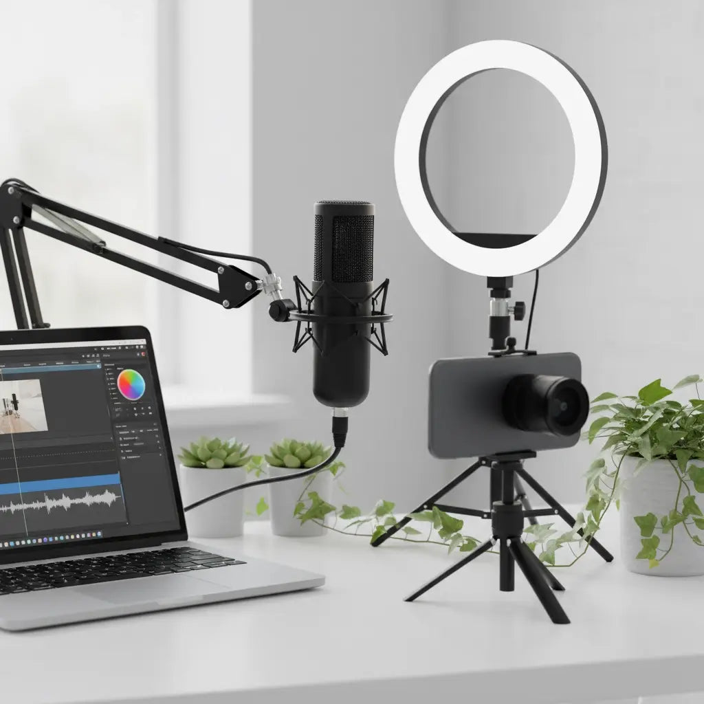 Compact digital faith leadership content creation setup with laptop microphone ring light and smartphone