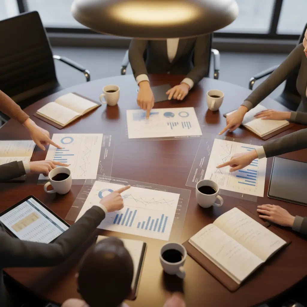 Conference table with Christian leaders reviewing data for personal branding strategies