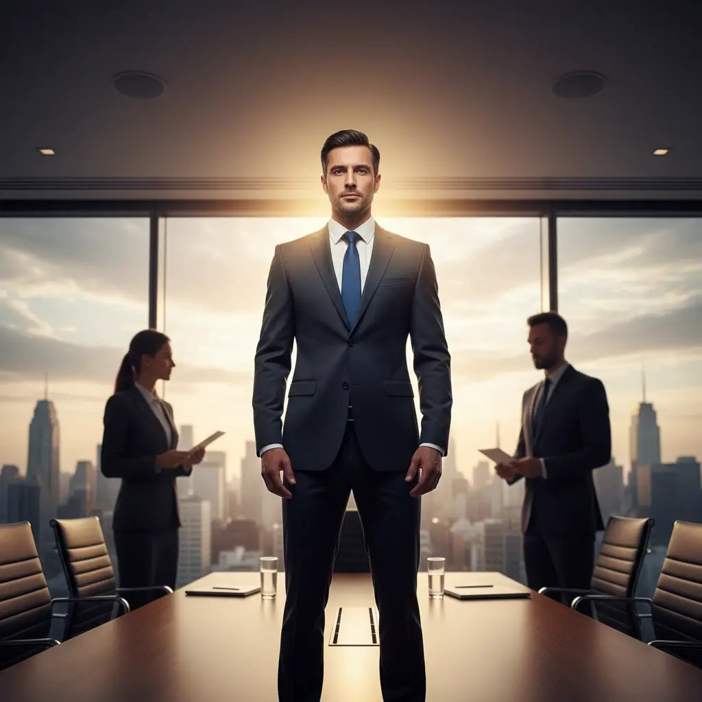 Confident businessman in tailored suit and blue tie promoting professional growth and burnout culture awareness