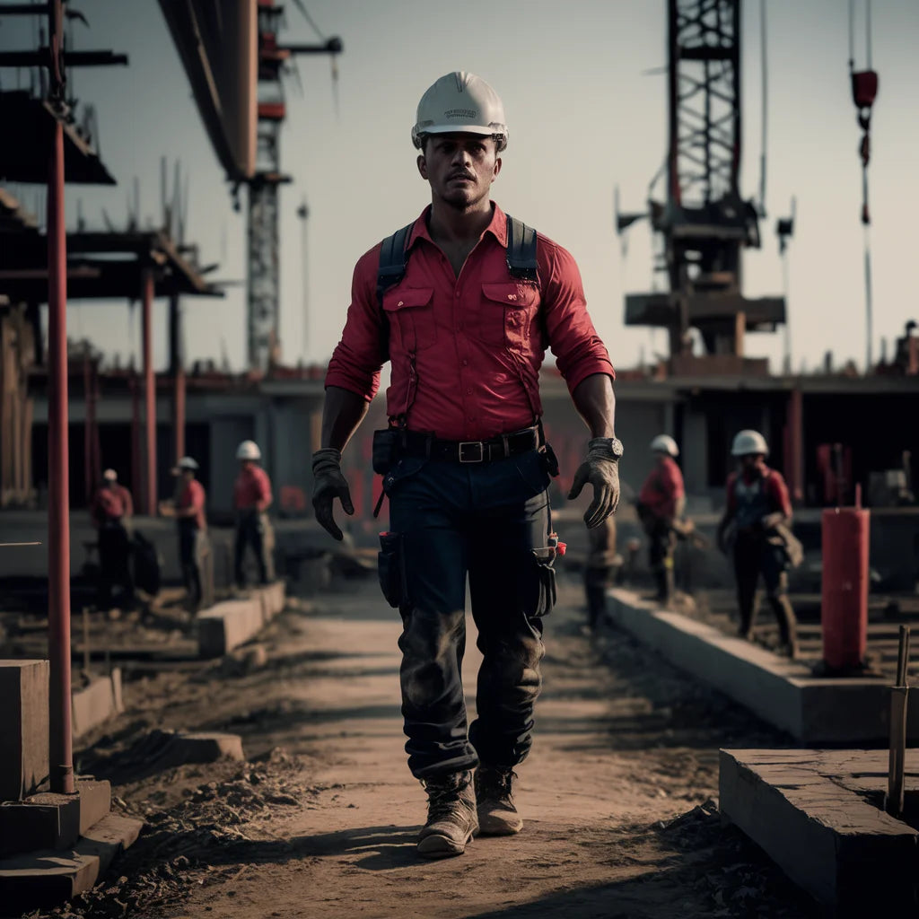 Construction worker in hard hat and red shirt exemplifying hustle culture at job site.