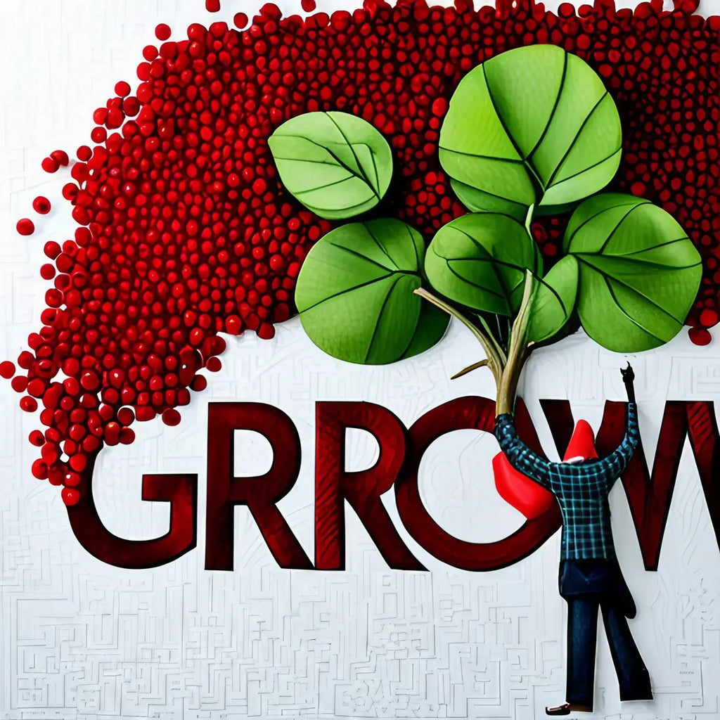 Creative typography artwork of GROW with leaves and berries promoting growth mindset and success.