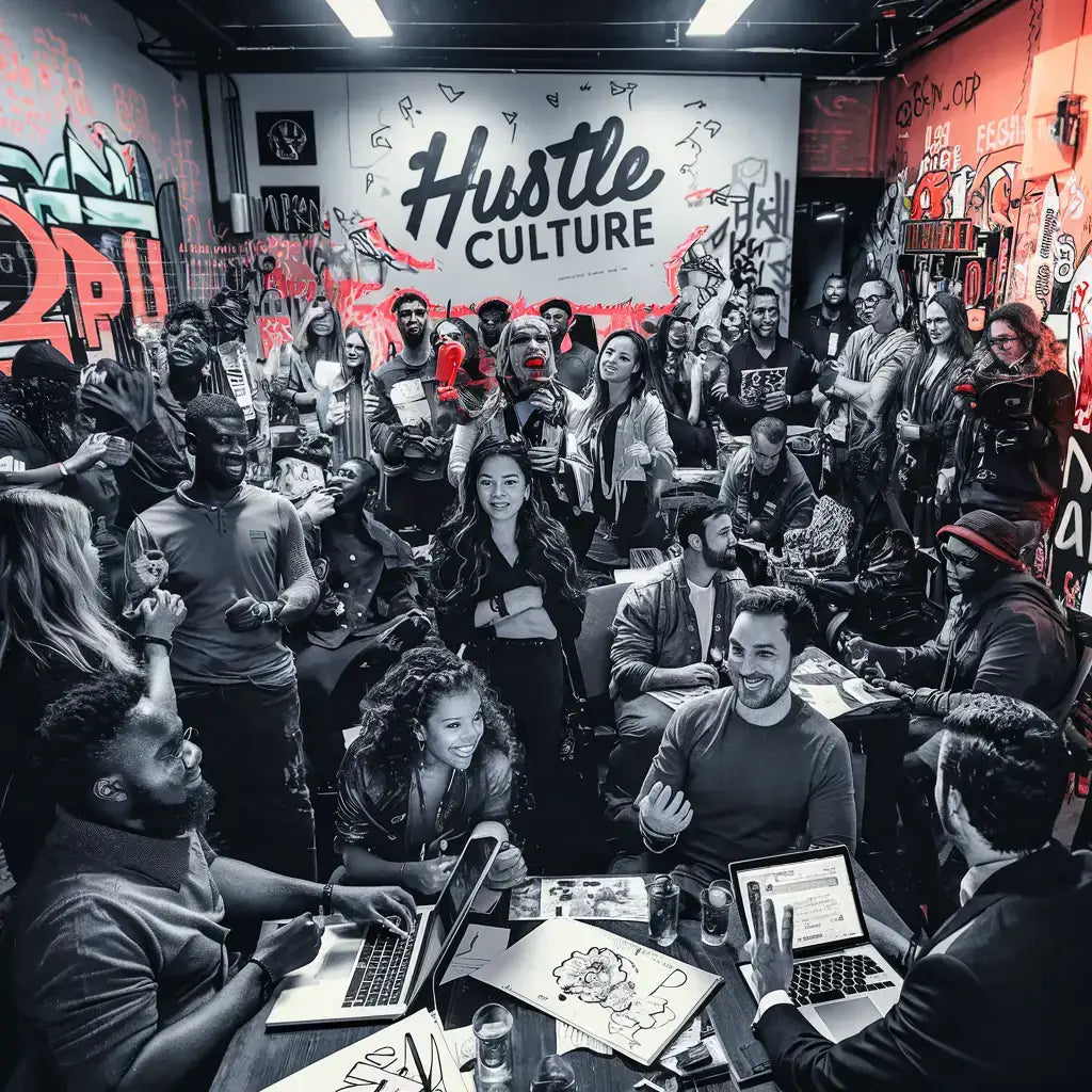 Crowded gathering at Hustle Culture showcasing individuals focused on personal growth and work ethic.