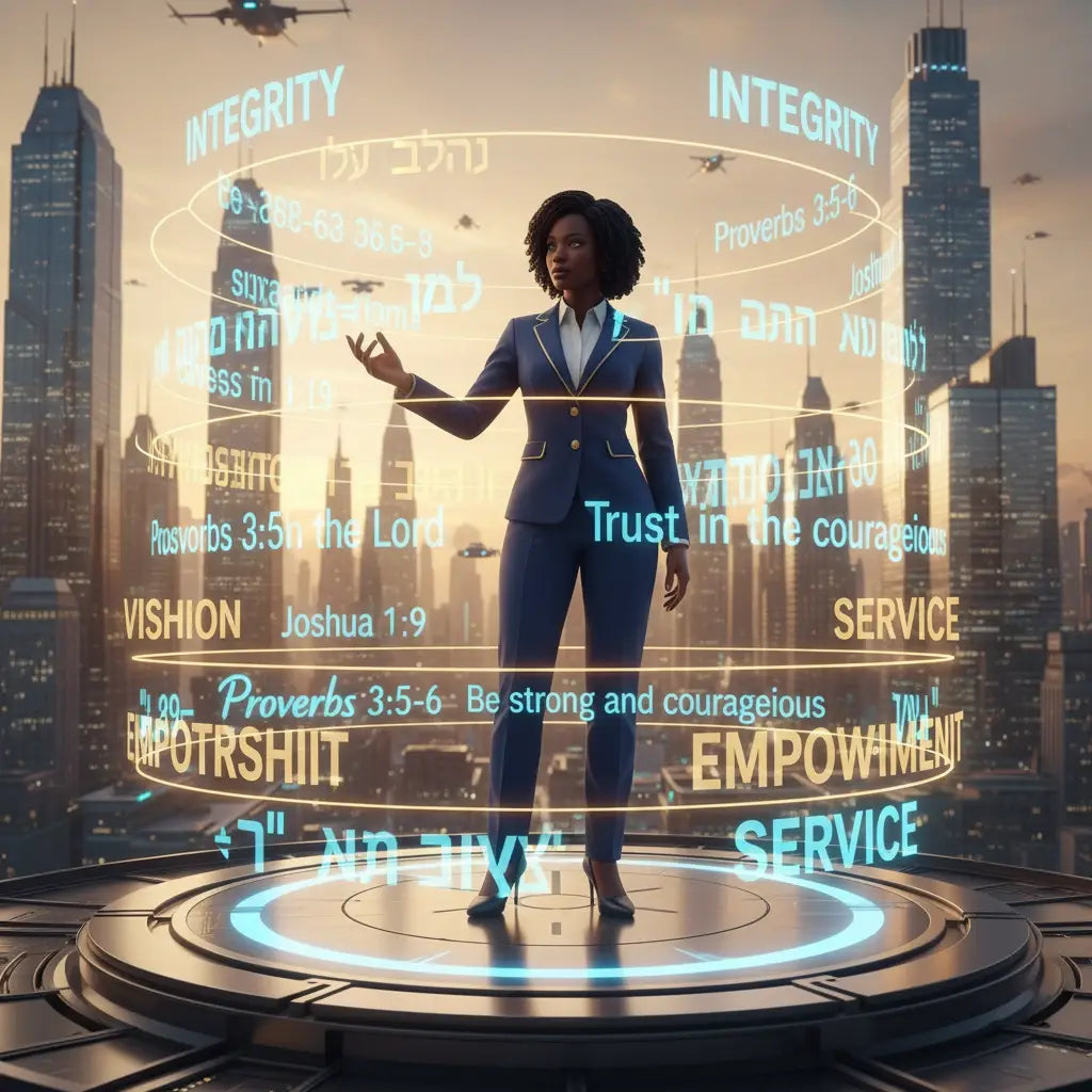 Black suit with holographic motivational phrases for purpose-driven leadership