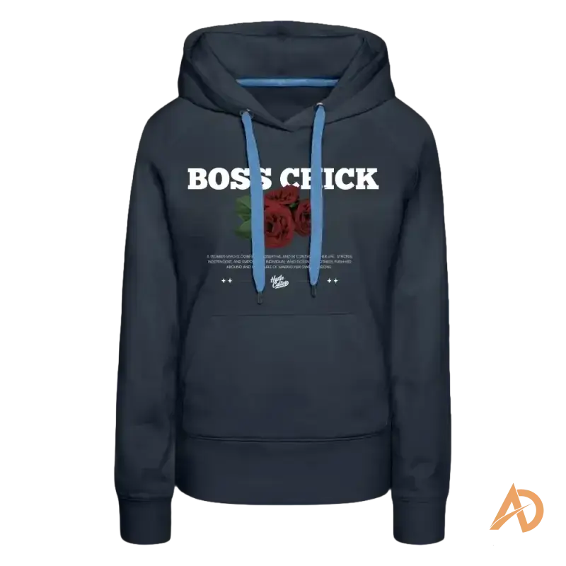 Dark gray boss chick hoodie with floral design and light blue drawstrings for hustle culture style
