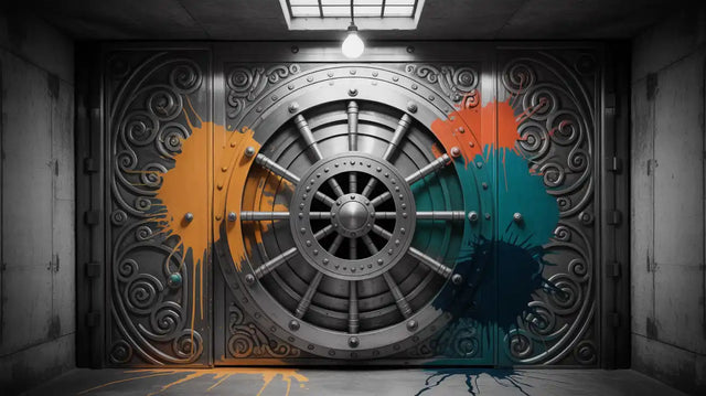 A decorative metal bank vault door splattered with colorful paint.