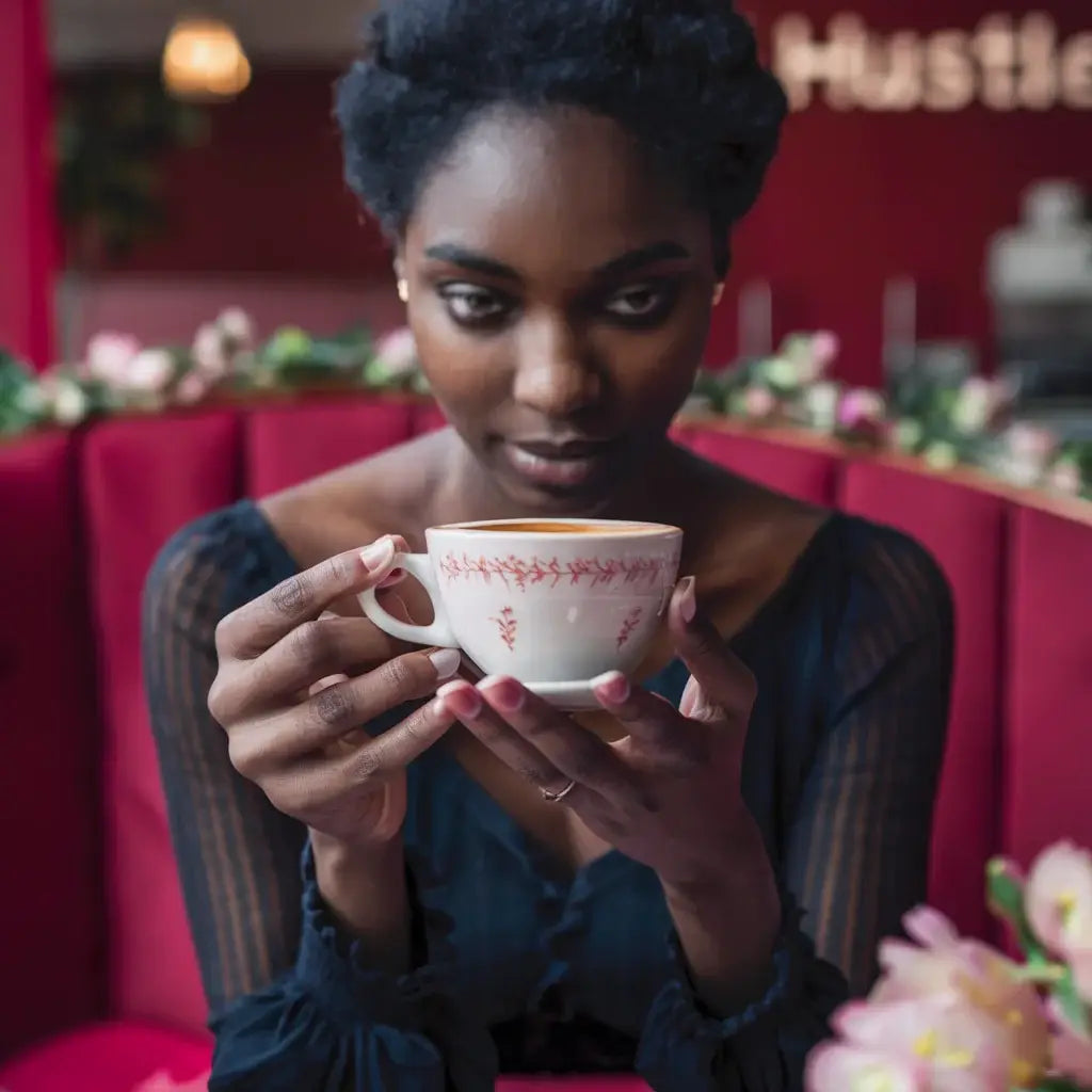 Delicate pink floral teacup symbolizing decision making amid tough choices in hustle culture.