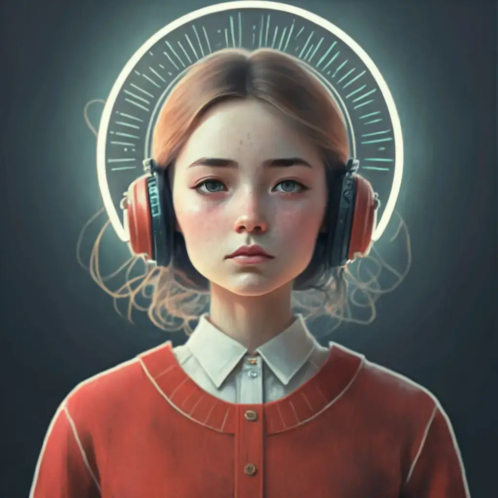 Digital art portrait with red headphones and glowing halo for mindful workspace in hustle culture.