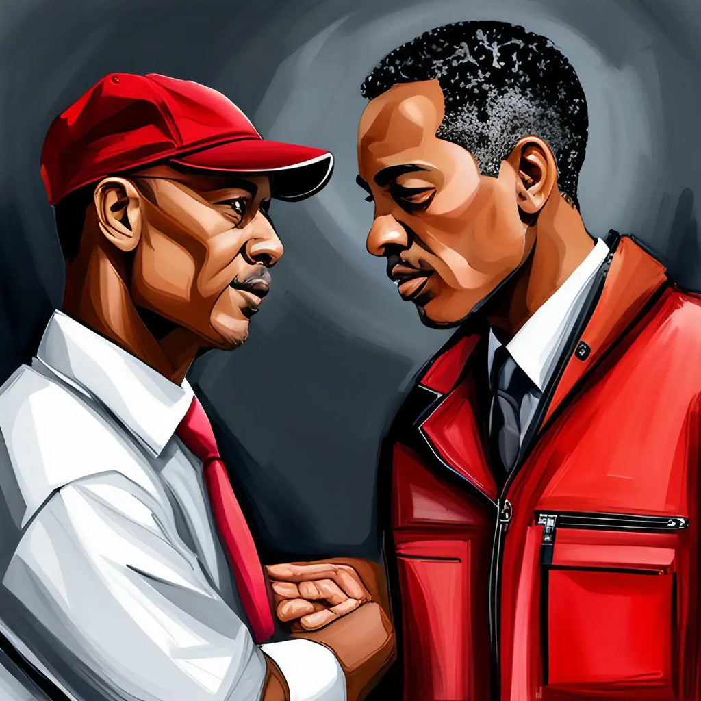 Digital artwork of two men in casual attire greeting, embodying mentor mentee relationship.