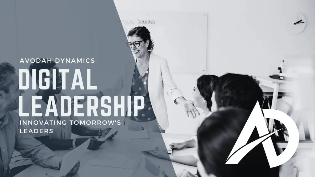 Marketing banner for Digital Leadership programs by Avodah Dynamics with a business meeting scene.