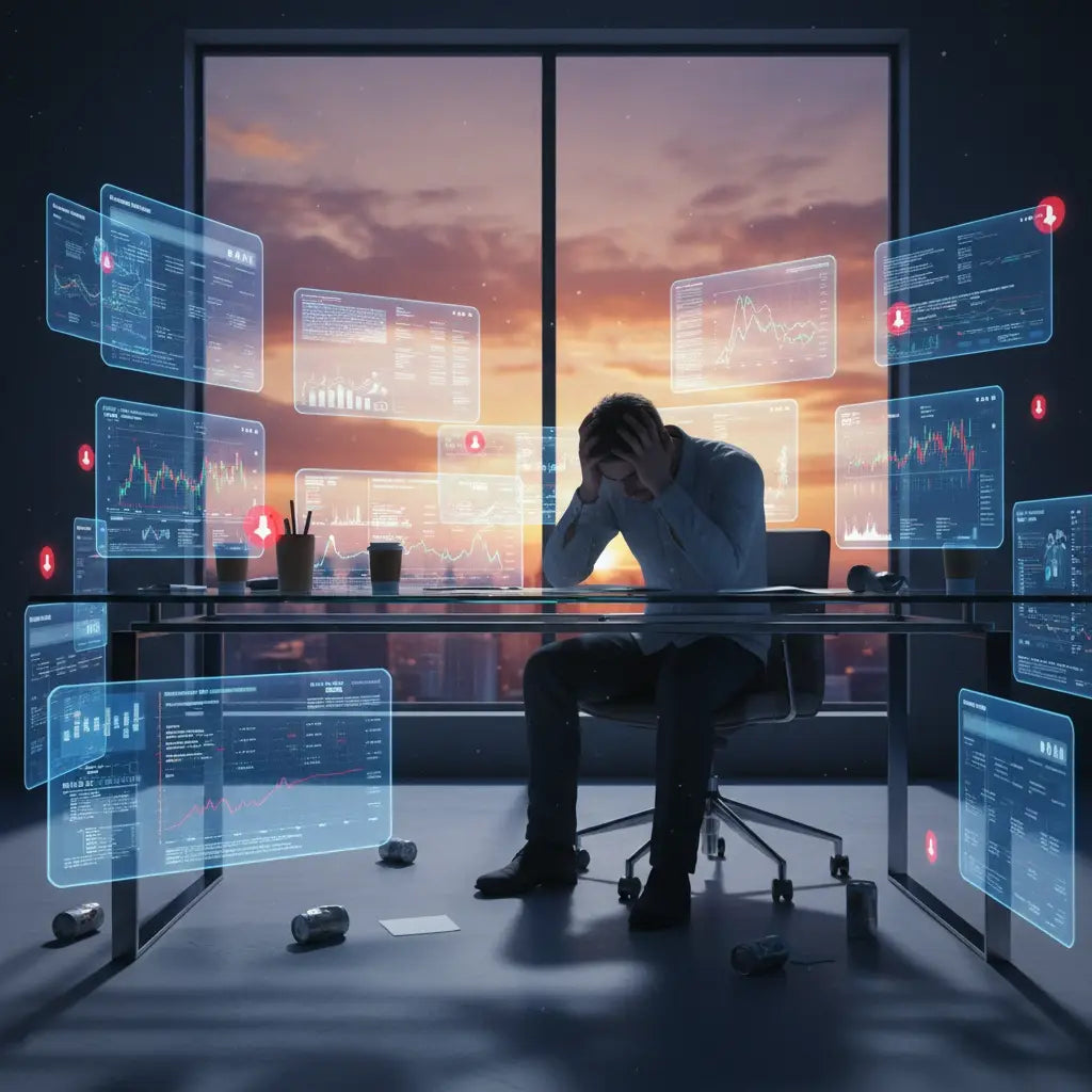 Distraught man amid financial data screens representing burnout culture and professional growth