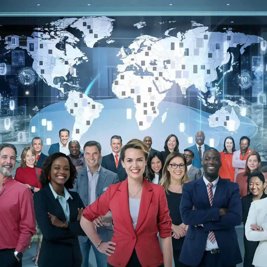 Diverse business professionals in the digital age by a world map promoting servant leadership.