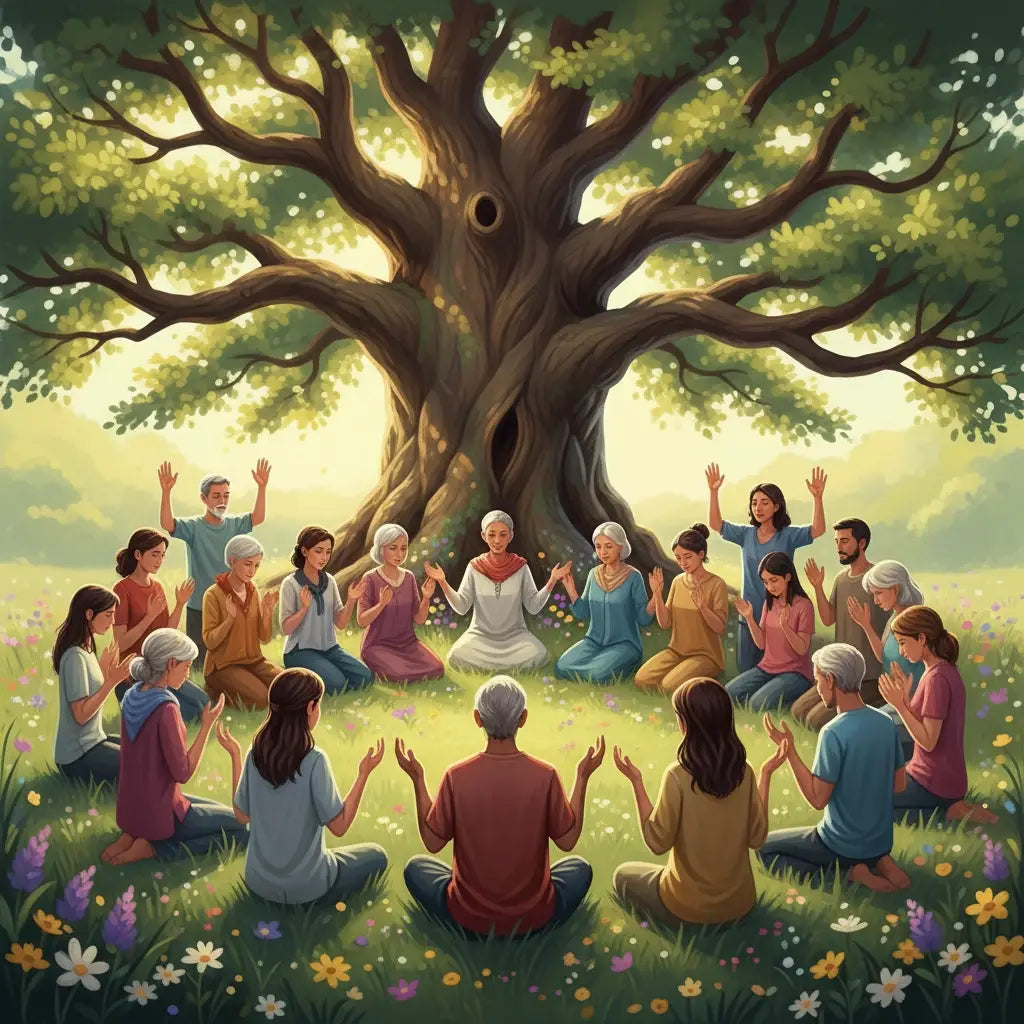 Diverse group engaging in worship music and prayer under a tree, experiencing God’s faithfulness and the Holy Spirit