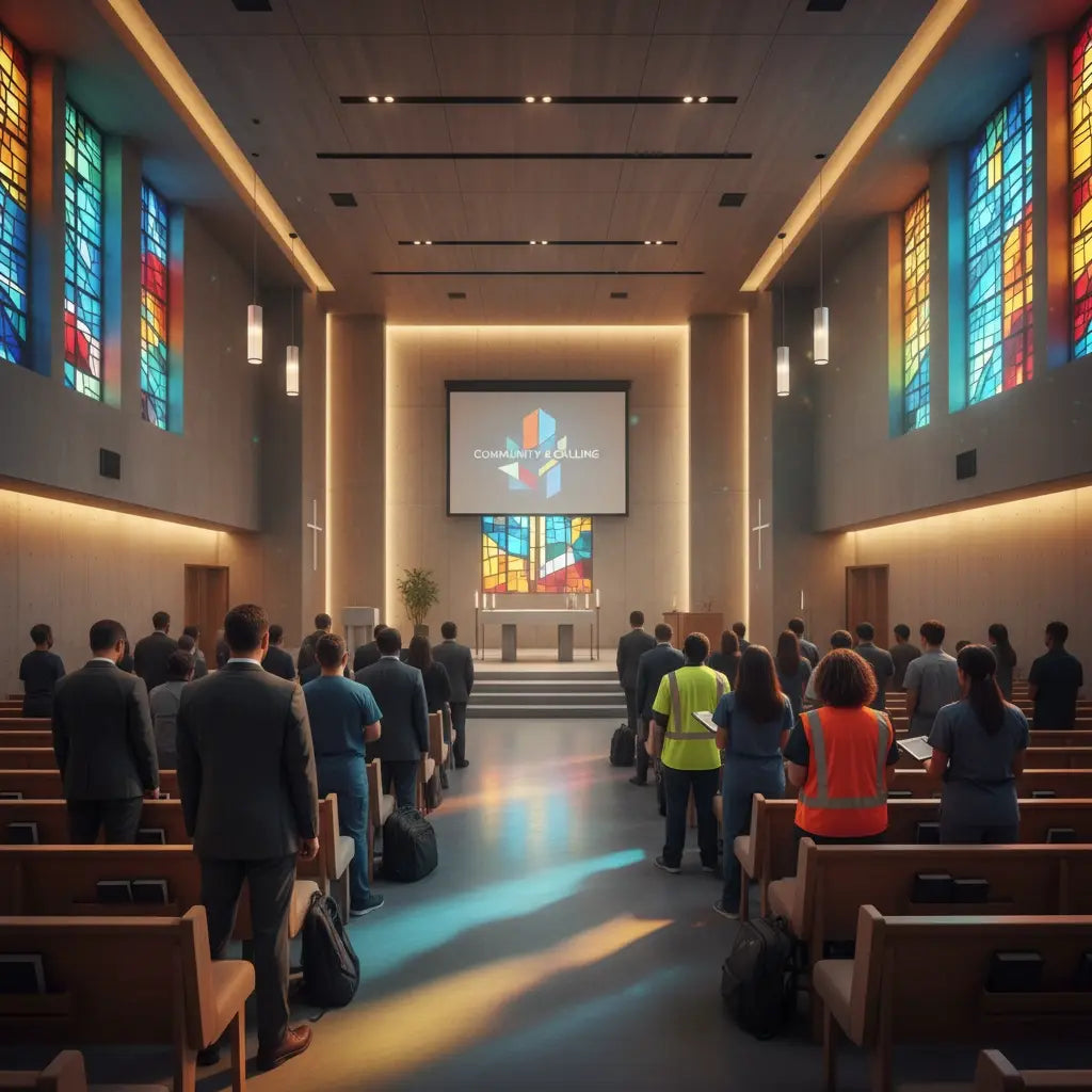Diverse group attending a modern church service reflecting Monday morning anticipation and purpose