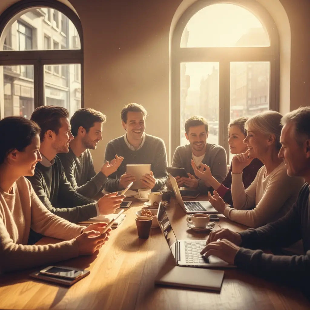 Diverse group collaborating in a digital faith leadership meeting around a wooden table