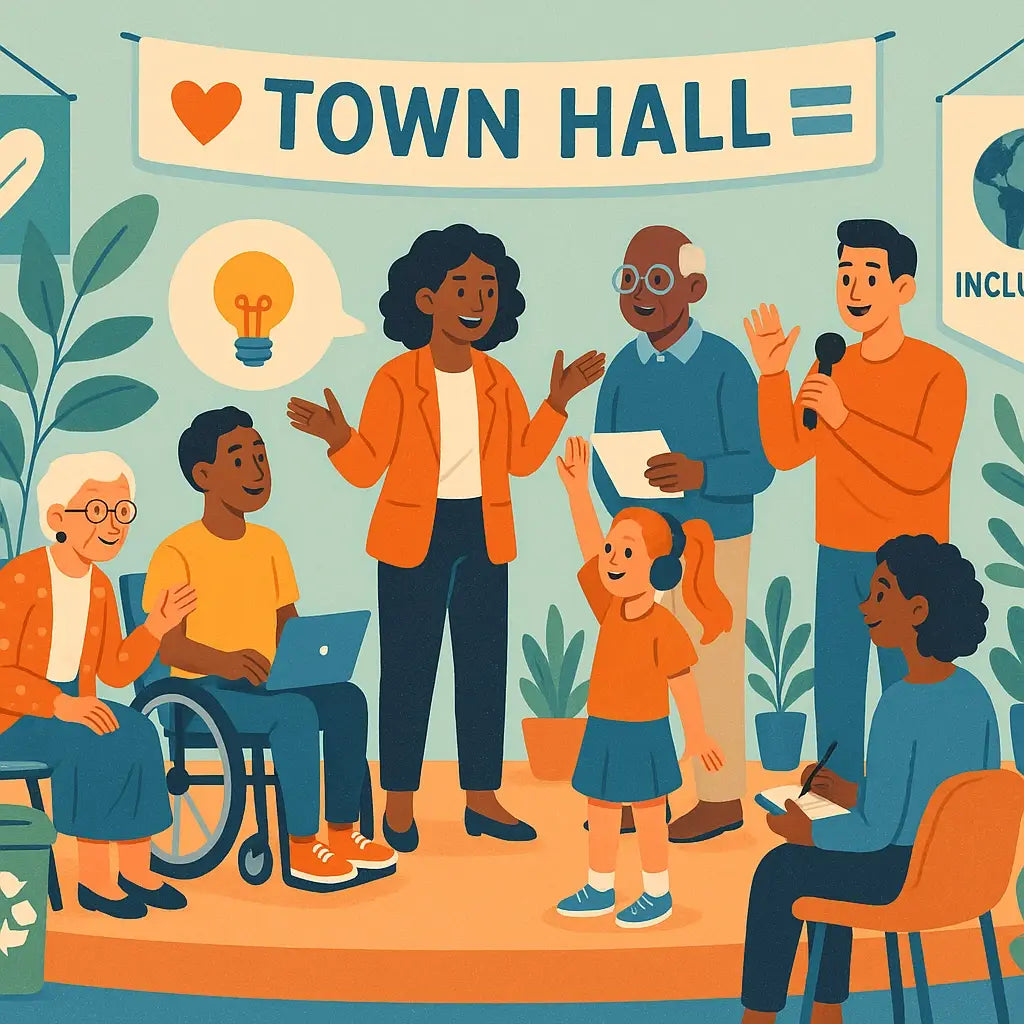 Diverse group of Gen Z adults exploring spiritual curiosity at a town hall meeting