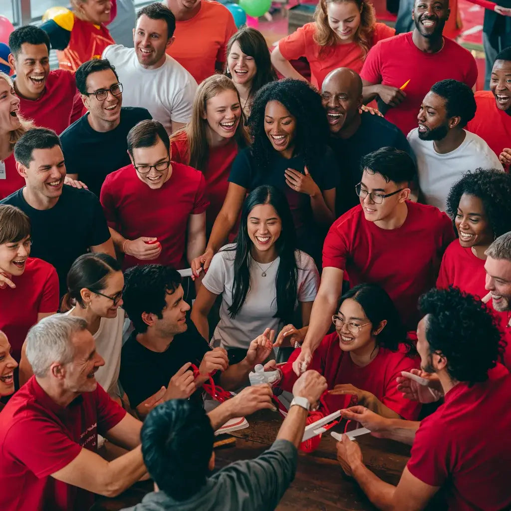 Diverse group in red shirts joyfully promoting supportive company culture and teamwork.