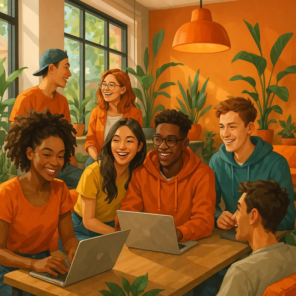 Diverse Gen Z Adults Exploring Spiritual Curiosity in a Lush, Collaborative Workspace