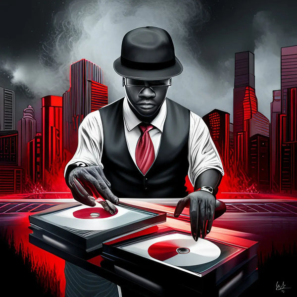 DJ in formal attire mixing music on turntables, embodying a hustle mindset and burning desire.