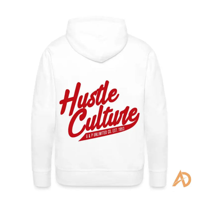 White Dreamer’s Dedication Hoodie featuring bold Hustle Culture design for premium comfort