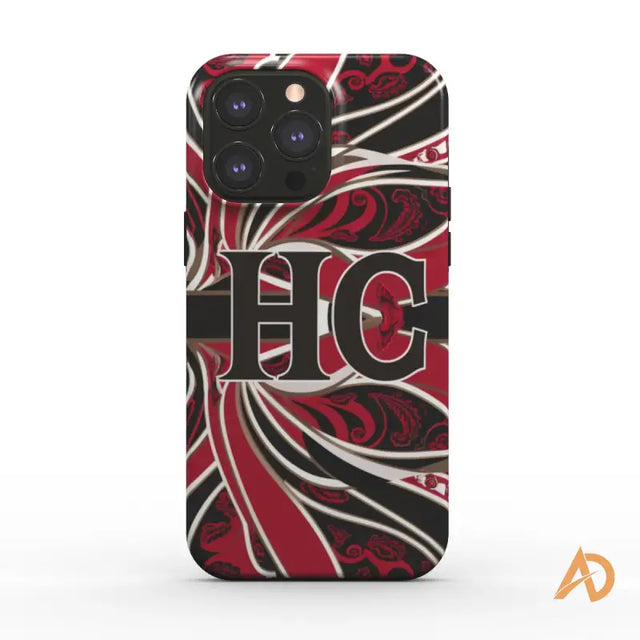 Red and black patterned durable dual-layer phone case with HC lettering for Pro Max iPhone