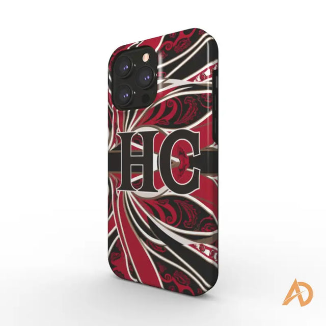 Durable Dual-layer Phone Case featuring HC text in red and black swirl design for Pro Max iPhone