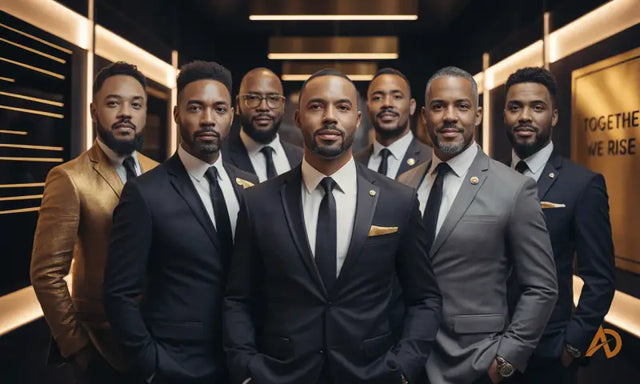 Elegant black male leadership ensemble featuring well-dressed men emphasizing black male leadership