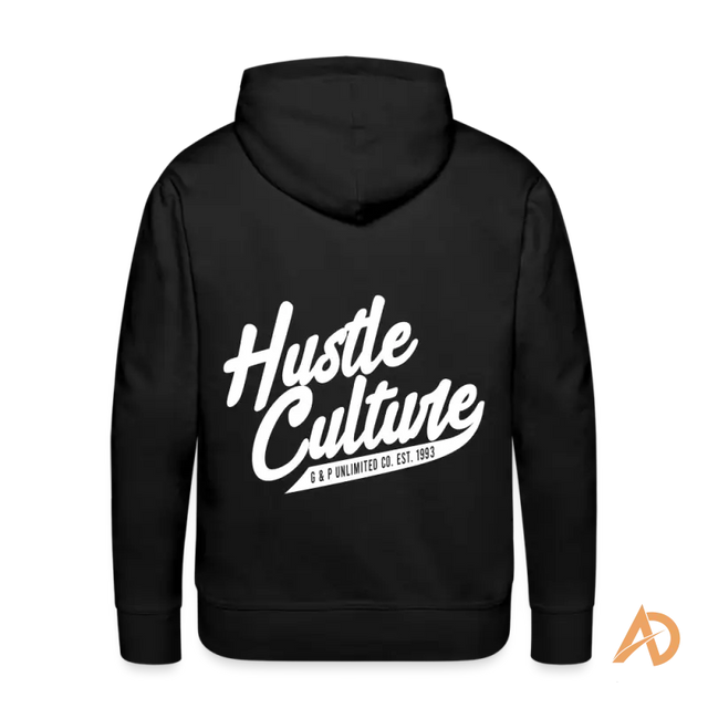 Black premium hoodie featuring white ’Hustle Culture’ text design for stylish motivation