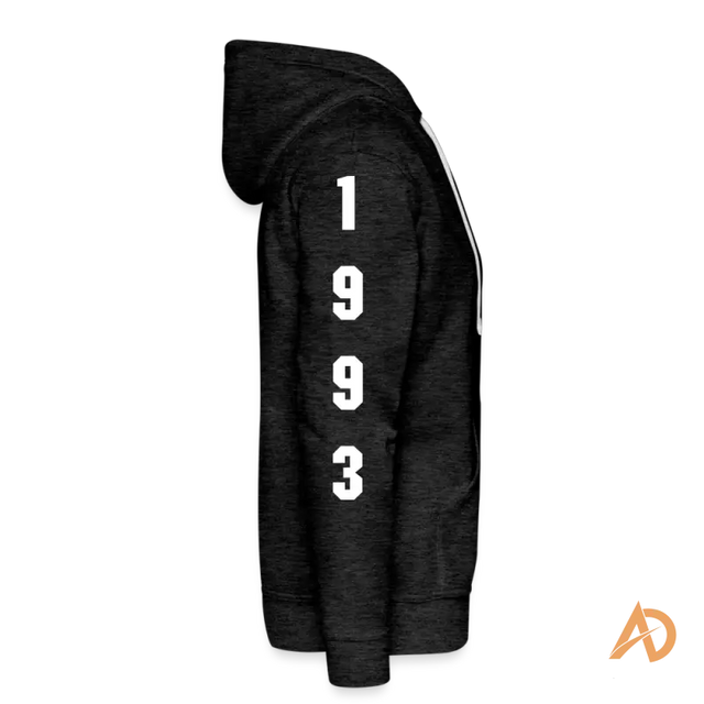 Black premium hoodie featuring 1993 printed vertically, perfect for hustle culture enthusiasts