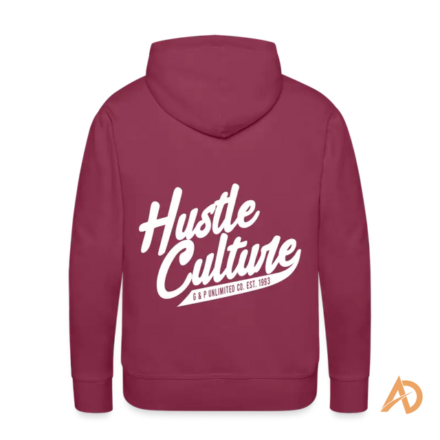 Burgundy Elevate Your Hustle Hoodie featuring white Hustle Culture text on the back