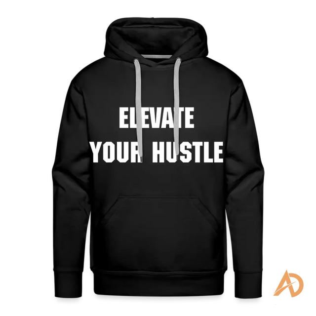 Black Elevate Your Hustle Hoodie with white text, perfect for hustle culture enthusiasts