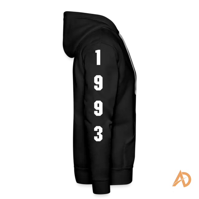 Black premium hoodie featuring 1993 printed vertically, ideal for hustle culture enthusiasts