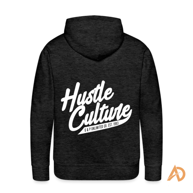 Black premium hoodie featuring white Hustle Culture text design on the back