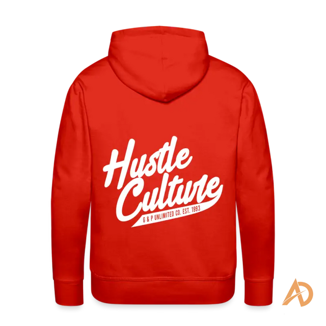 Red premium hoodie featuring white Hustle Culture text design on the back