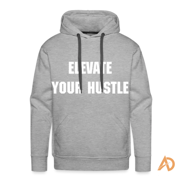 Grey hoodie sweatshirt featuring white text ELEVATE YOUR HUSTLE, perfect for hustle culture