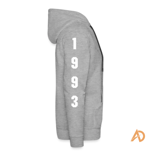 Grey premium hoodie featuring 1993 print on sleeve, ideal for hustle culture enthusiasts