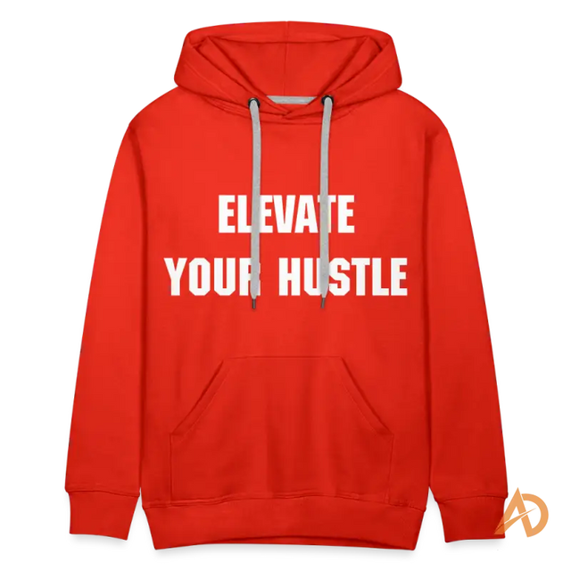 Red premium hoodie featuring white text that promotes hustle culture and motivation