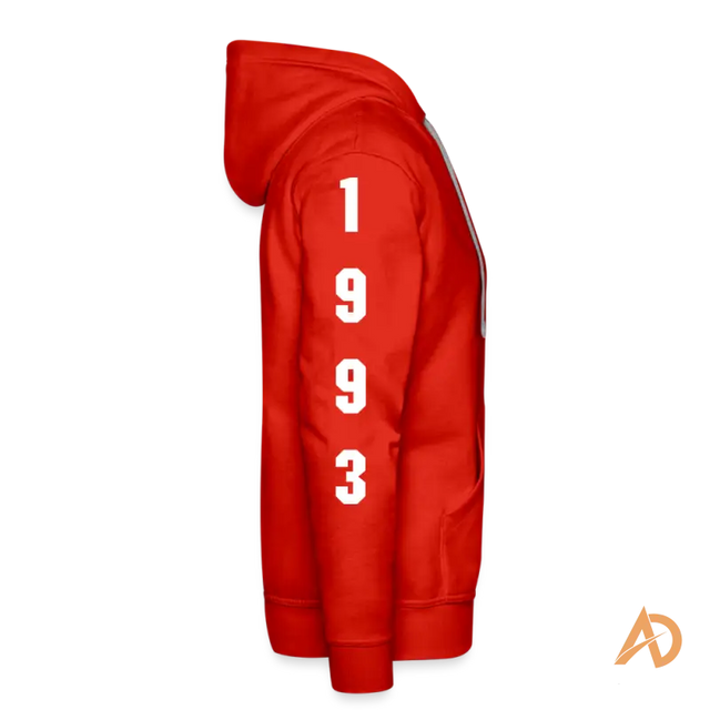 Red hooded sweatshirt featuring 1993 print, perfect for hustle culture enthusiasts