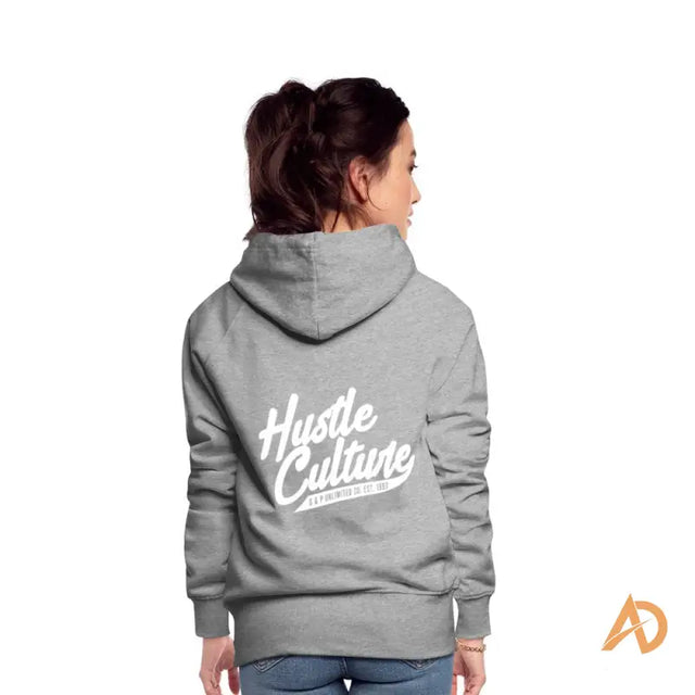 Woman in a grey Empowering Girl Hustle Culture Hoodie exemplifying modern woman style