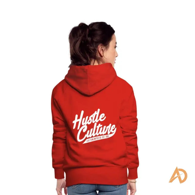 Woman in red Empowering Girl Hustle Culture Hoodie promoting modern woman hustle culture