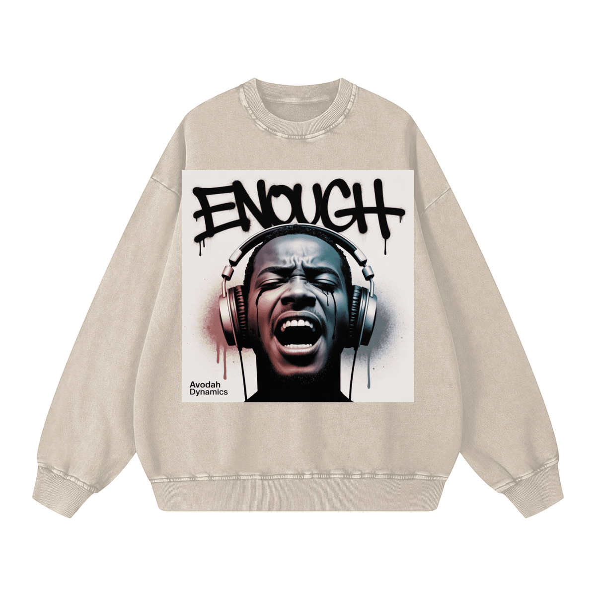 Front view of the Enough Snow Washed Oversized Sweatshirt, a heavyweight Christian streetwear garment for mental health awareness and resilience.
