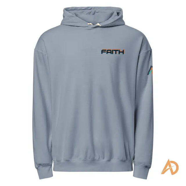 Gray Faith Over Fear Hoodie in Avodah Galaxy Edition with Rainbow SleeveLight gray hoodie with FAITH in black and orange on chest, small orange-gray AD logo on right sleeve.