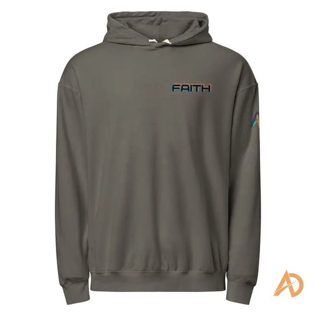 Olive green Avodah Galaxy Edition hoodie with Faith text and rainbow sleeveGray hoodie with front pocket, 'FAITH' text on chest, and orange-teal 'AD' logo on the sleeve.