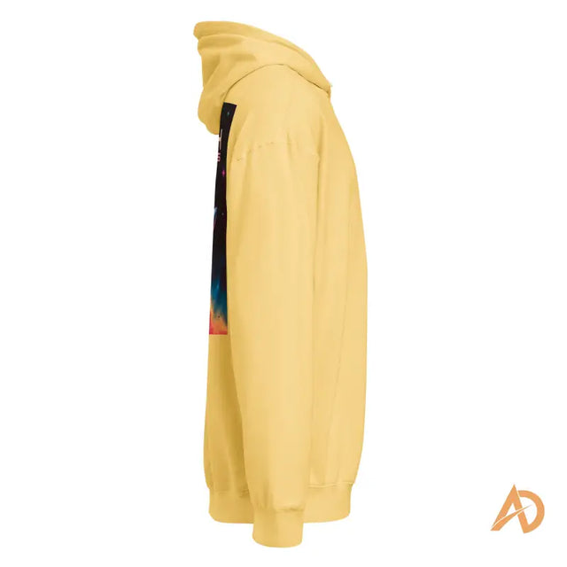 Yellow Avodah Galaxy Edition Hoodie with colorful graphic designYellow hoodie with ribbed cuffs and hood, featuring a colorful gradient graphic on the chest.