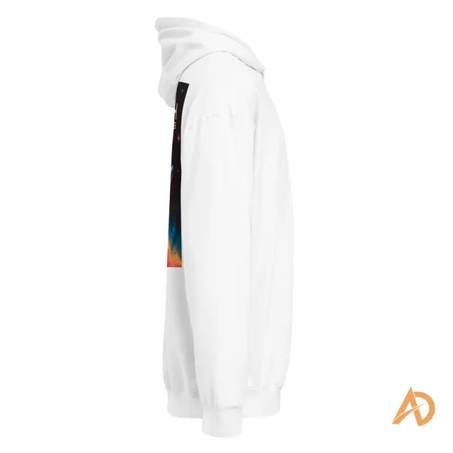 White Avodah Galaxy Edition hoodie with colorful sleeve graphicSide view of a white hoodie with a colorful patch and orange-gold AD logo, blending style and purpose.