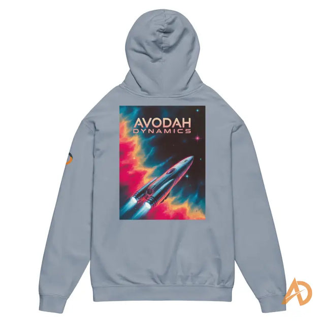 Avodah Dynamics Galaxy Edition Hoodie with Rocket Design in GrayLight blue hoodie with vibrant Avodah Dynamics logo and colorful rocket launch graphic.