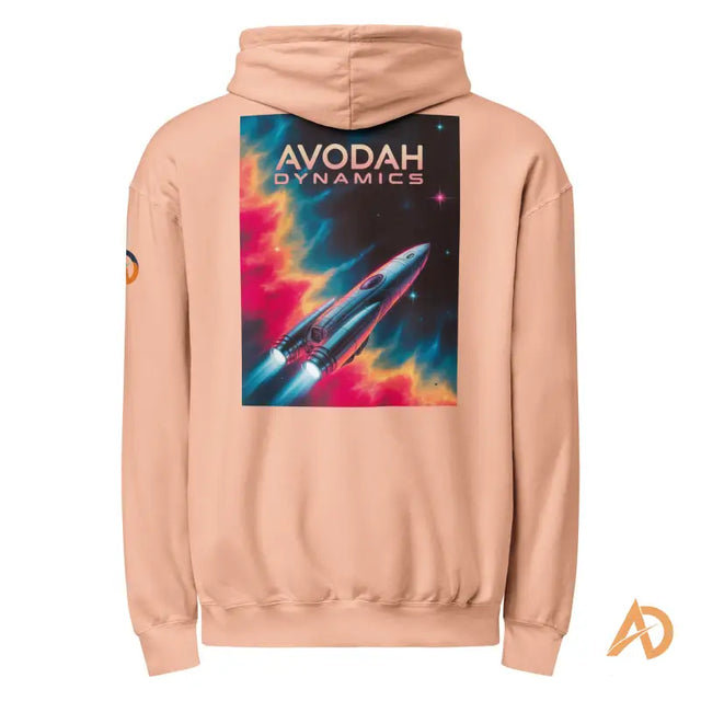 Peach Faith Over Fear hoodie with Avodah Dynamics rocket graphicBeige hoodie with vibrant rocket and nebula graphic, featuring bold AVODAH DYNAMICS text.